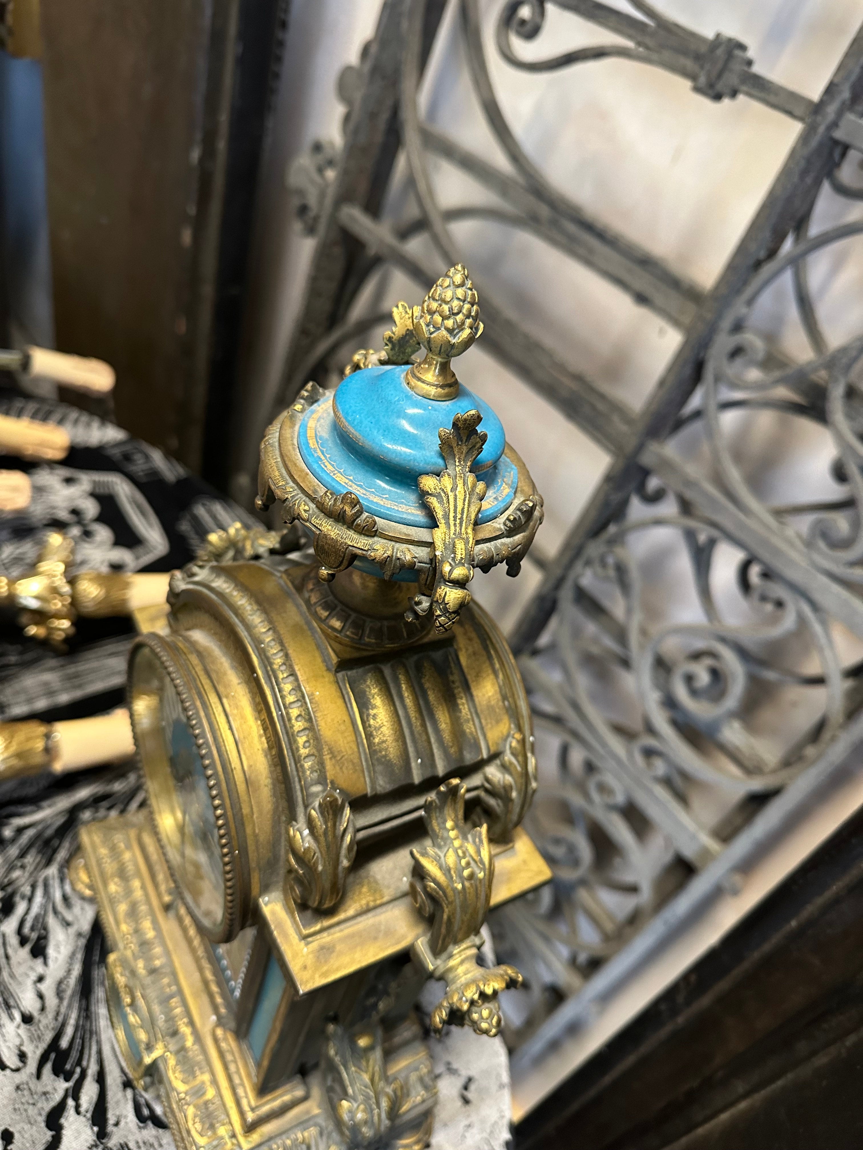 French Antique Gilt Bronze Mantel Clock with Blue Porcelain - 18