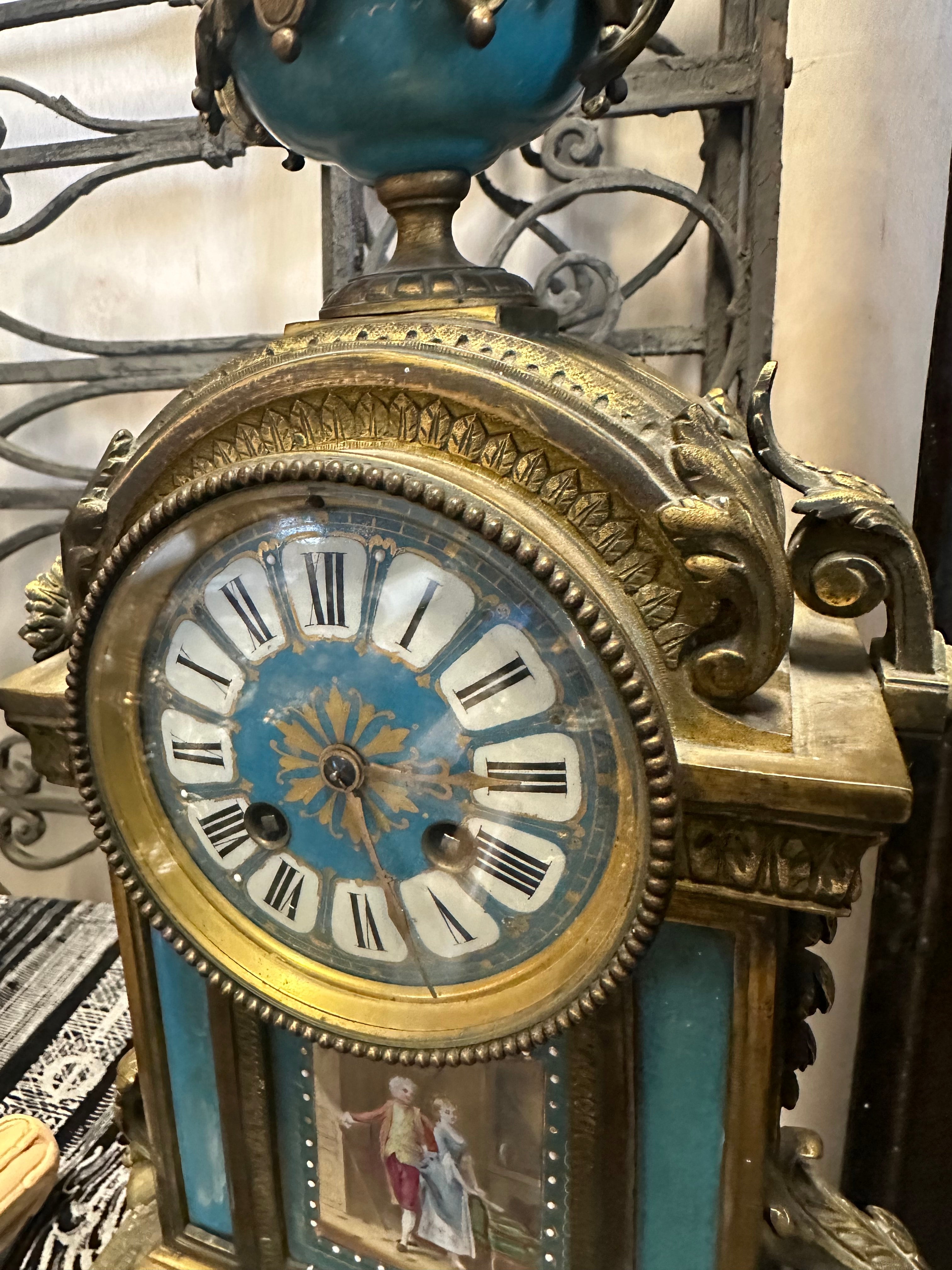 French Antique Gilt Bronze Mantel Clock with Blue Porcelain - 18
