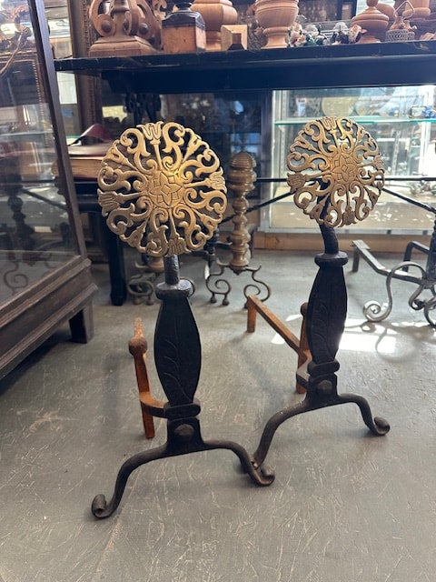 Pair of Brass & Iron Andirons with Pierced Brass Medallions.  Tools Available