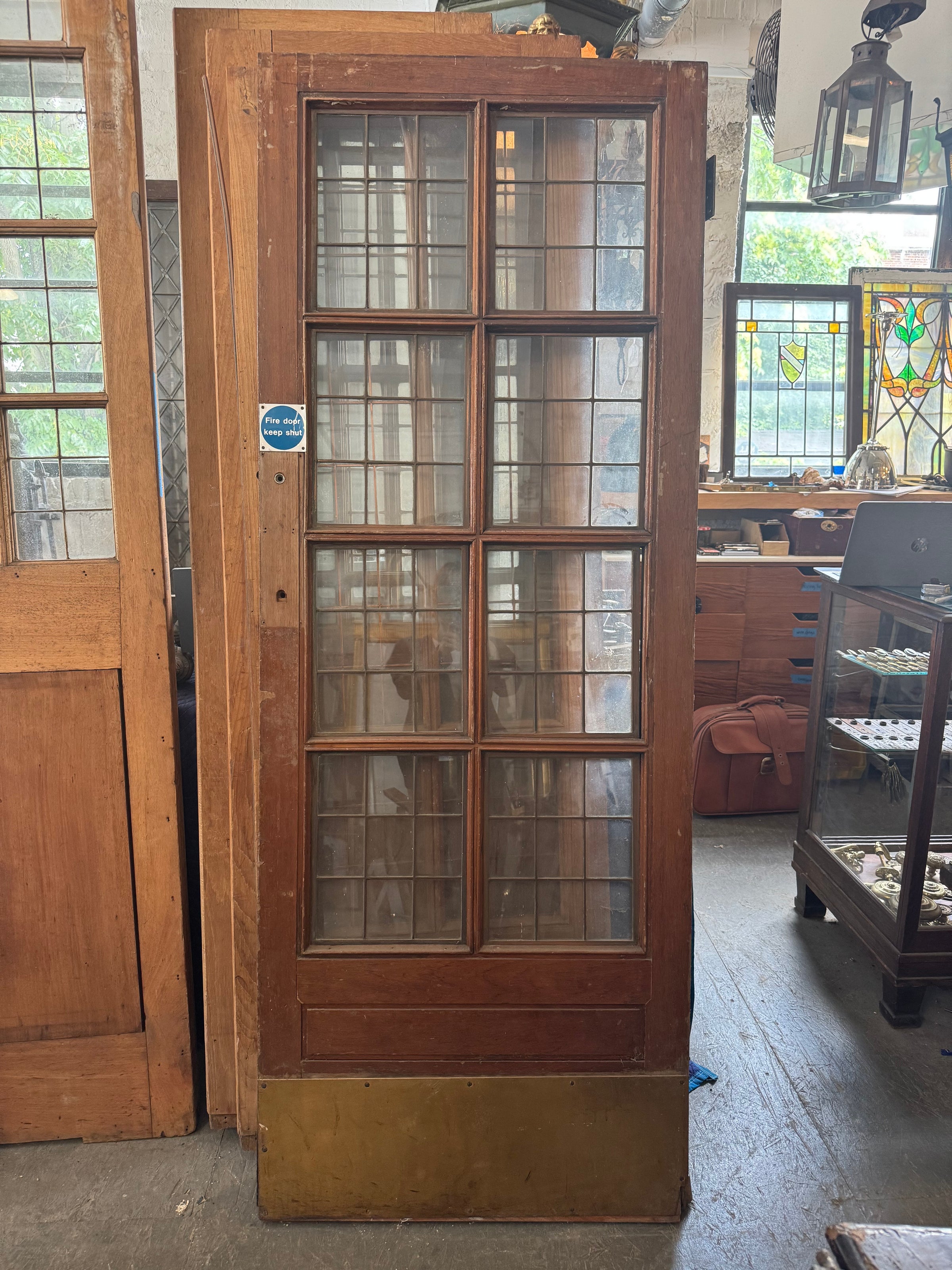 English Mahogany Leaded Glass Door with Brass Kickplate c.1910