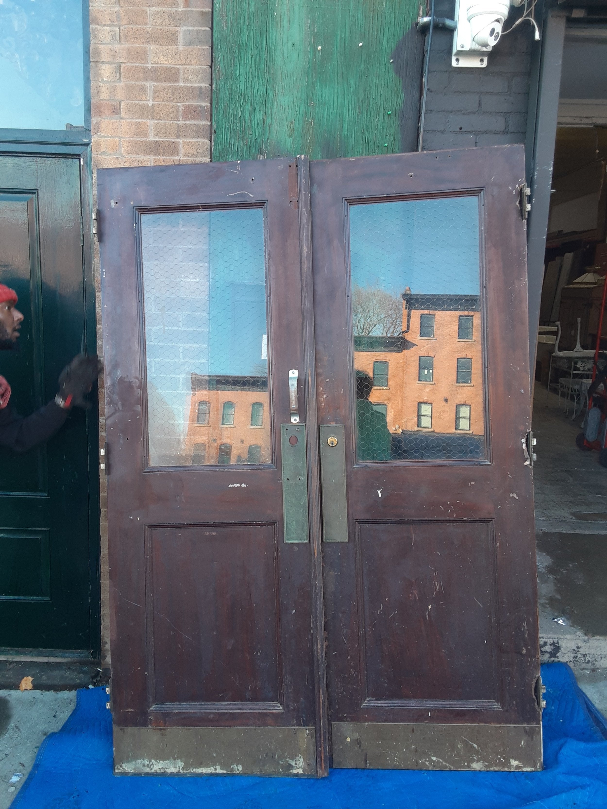 Double Metal Door Faux Bois Painted with Original Hardware and Chicken