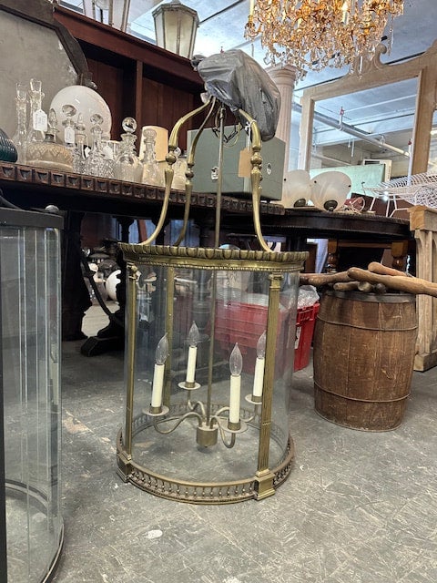 Early Brass and Yellow Glass Electric Chandelier, Large Curved Arm Orn –  Peoria Architectural Salvage